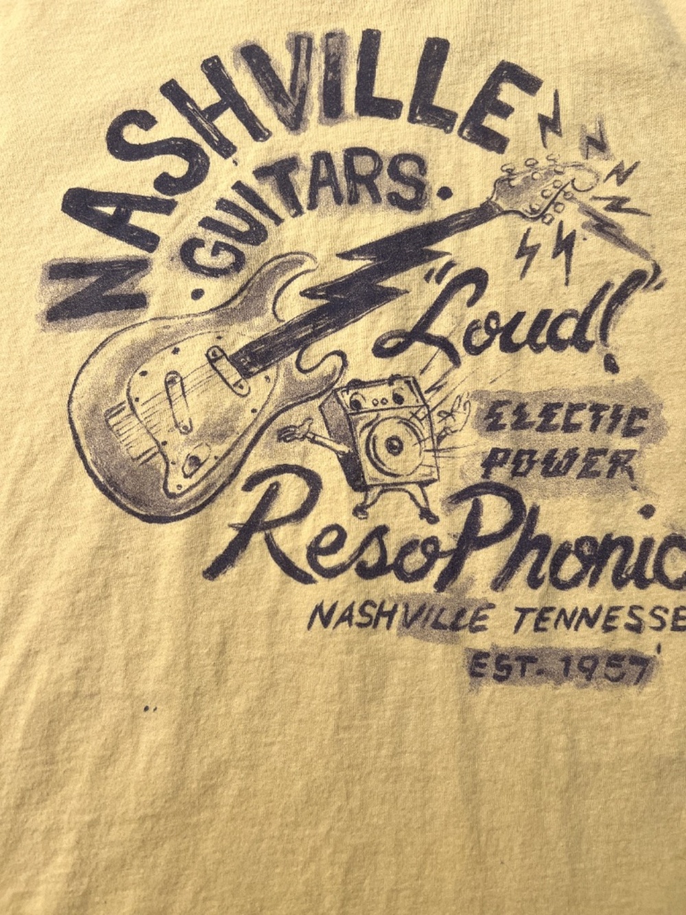Lucky Brand Nashville Guitars Retro Print Yellow Graphic Cotton T Shirt XL - Picture 9 of 10